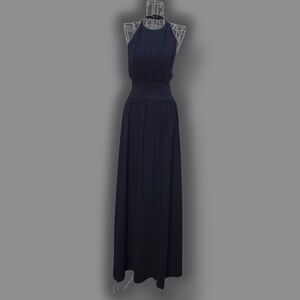 Susana Monaco Navy Halter Maxi Dress Side Cutout Stretch Jersey Made in USA
